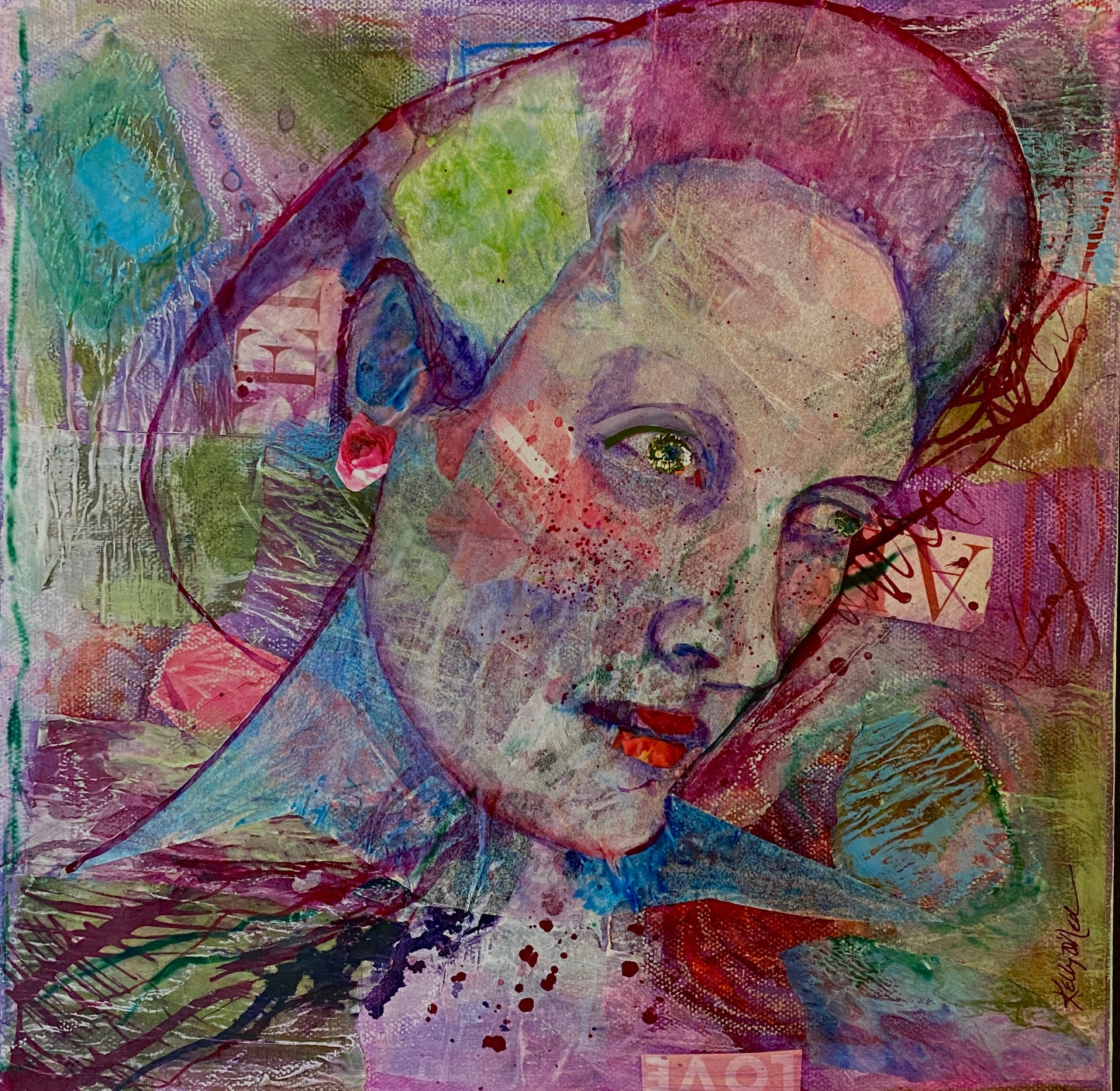 Colorful collage on canvas of Hamlet’s best girlfriend, Ophelia.