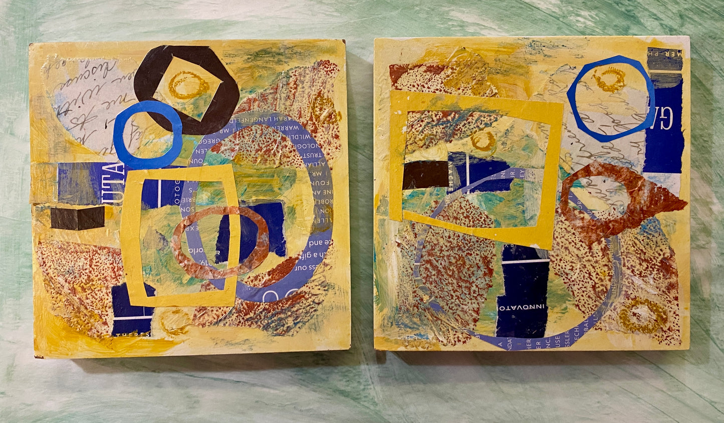 Pair of Yellow Decorative Abstracts on Wood