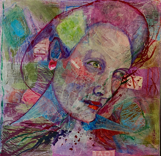 Colorful collage on canvas of Hamlet’s best girlfriend, Ophelia.