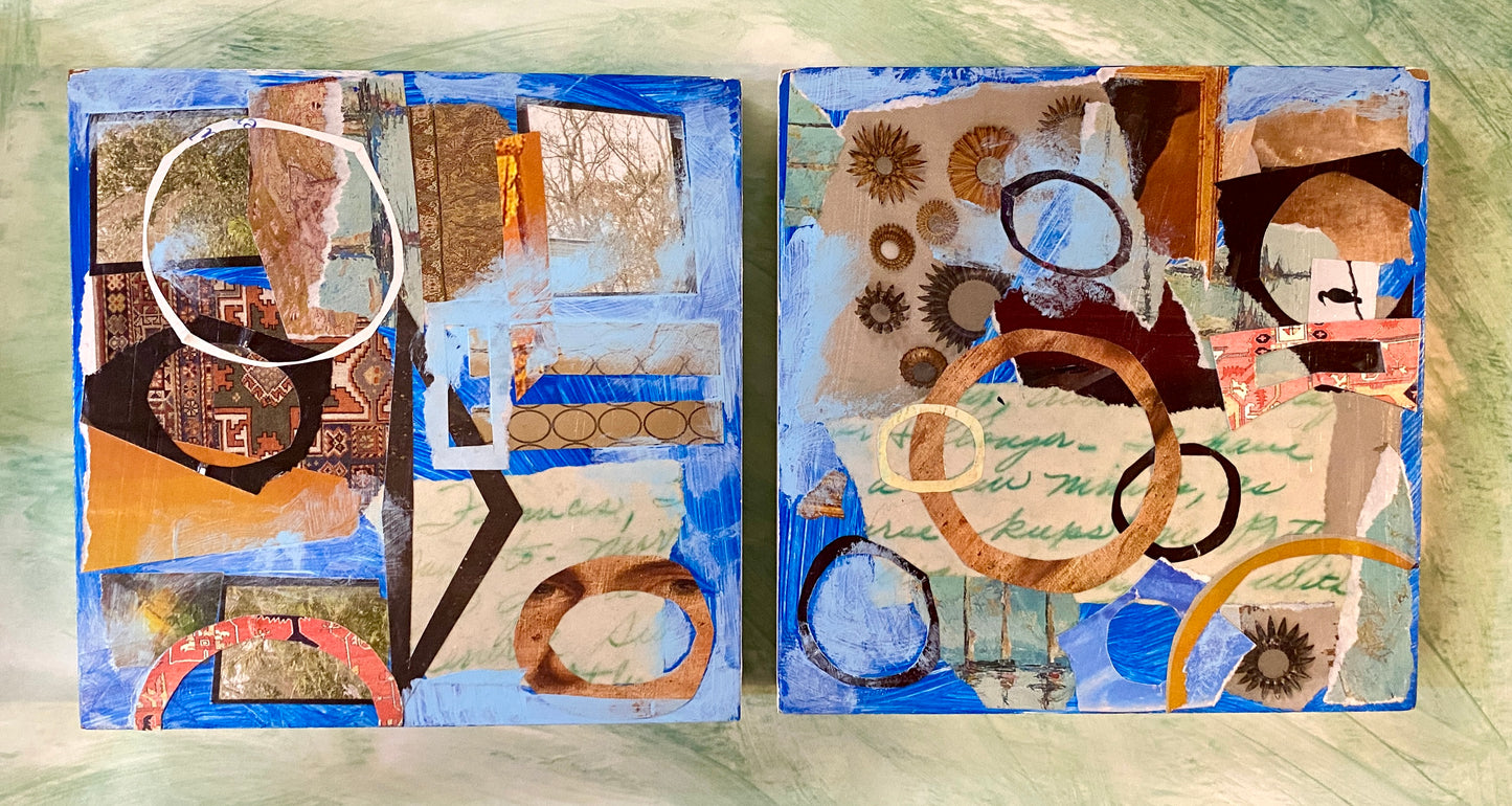 Pair of Blue and Brown Decorative Abstracts on Wood