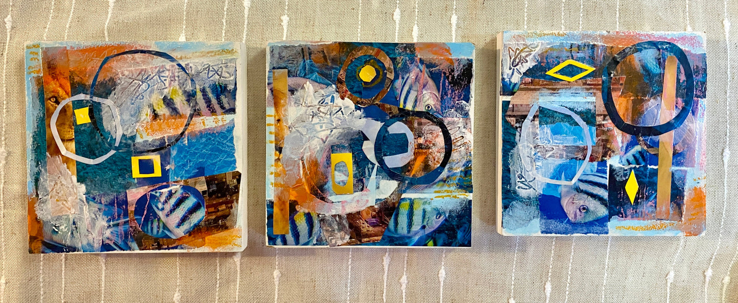 Trio of Blue and Orange Decorative Abstracts on Wood